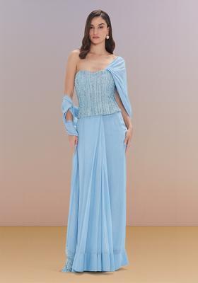 Sky Blue Hand Work Georgette Pre Draped Saree Set