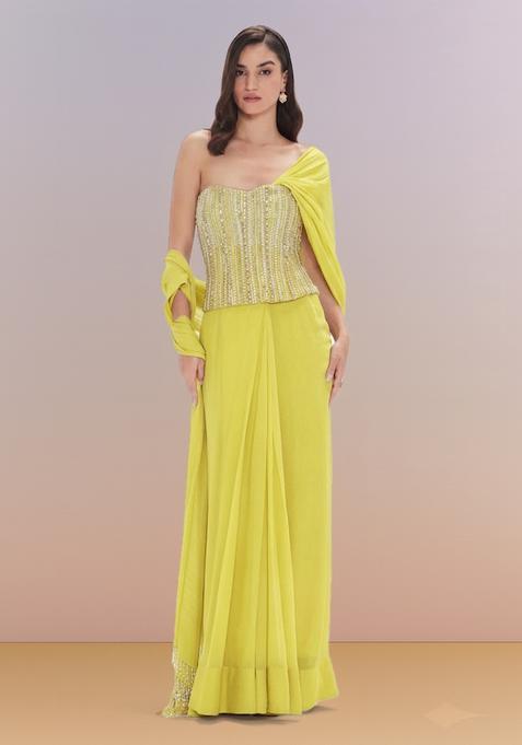 Yellow Hand Work Georgette Pre Draped Saree Set