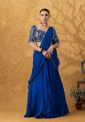 Royal Blue Hand Work Crepe Pre Draped Saree Set