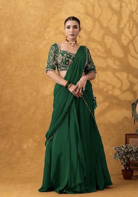 Bottle Green Hand Work Crepe Pre Draped Saree Set