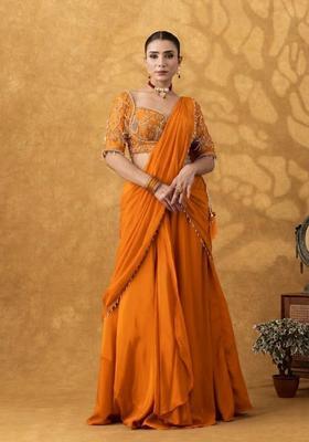 Orange Hand Work Crepe Pre Draped Saree Set