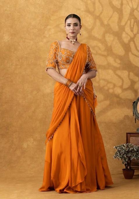 Orange Hand Work Crepe Pre Draped Saree Set