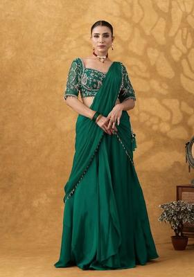 Teal Green Hand Work Crepe Pre Draped Saree Set