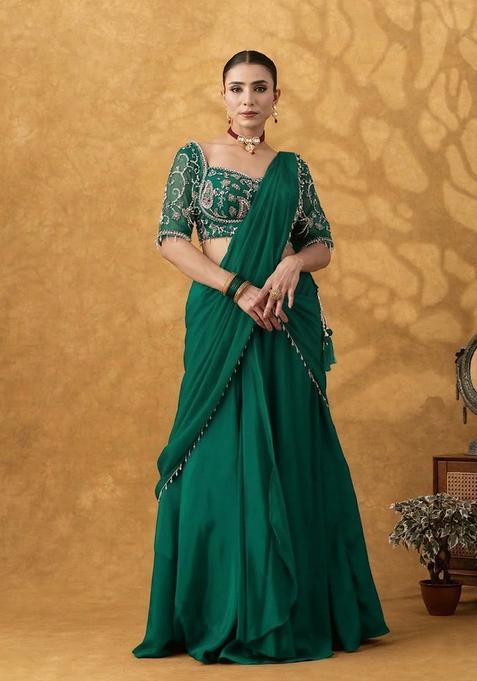 Teal Green Hand Work Crepe Pre Draped Saree Set