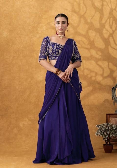 Purple Hand Work Crepe Pre Draped Saree Set