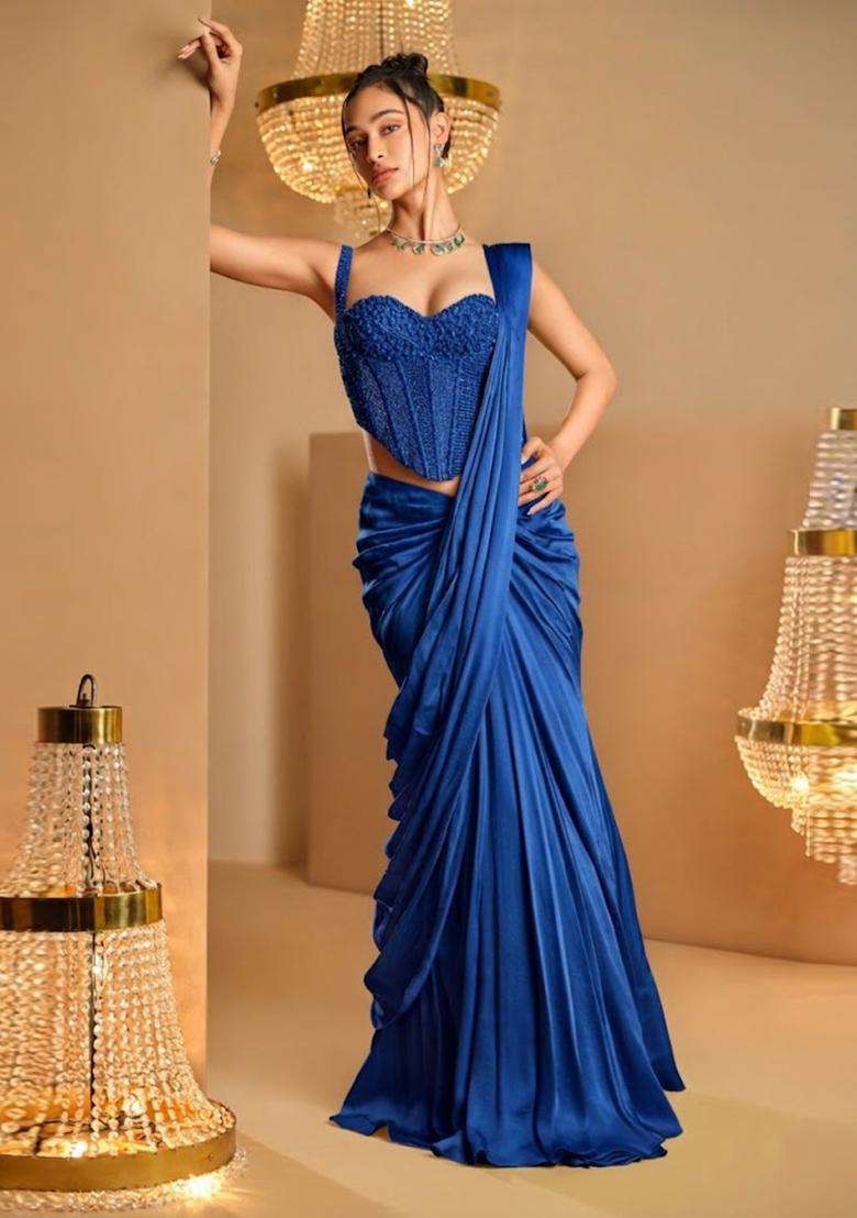 Royal Blue Hand Work Satin Pre Draped Saree Set - Indya