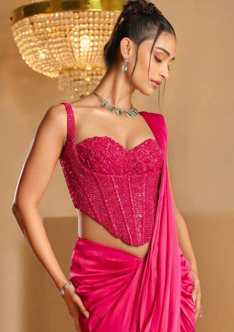Pink Hand Work Satin Pre Draped Saree Set - Indya