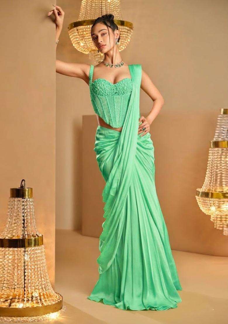 Mint Green Hand Work Satin Pre Draped Saree Set - Indya