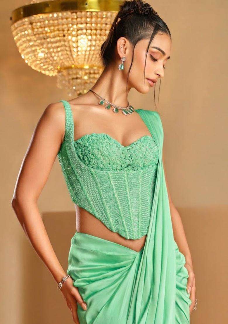 Mint Green Hand Work Satin Pre Draped Saree Set - Indya