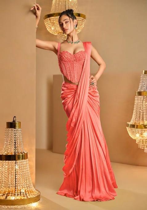 Peach Hand Work Satin Pre Draped Saree Set