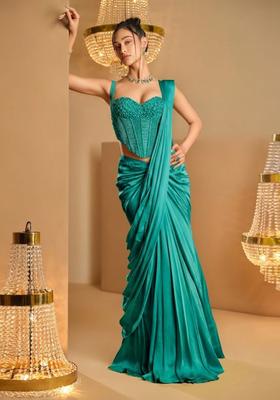 Teal Blue Hand Work Satin Pre Draped Saree Set