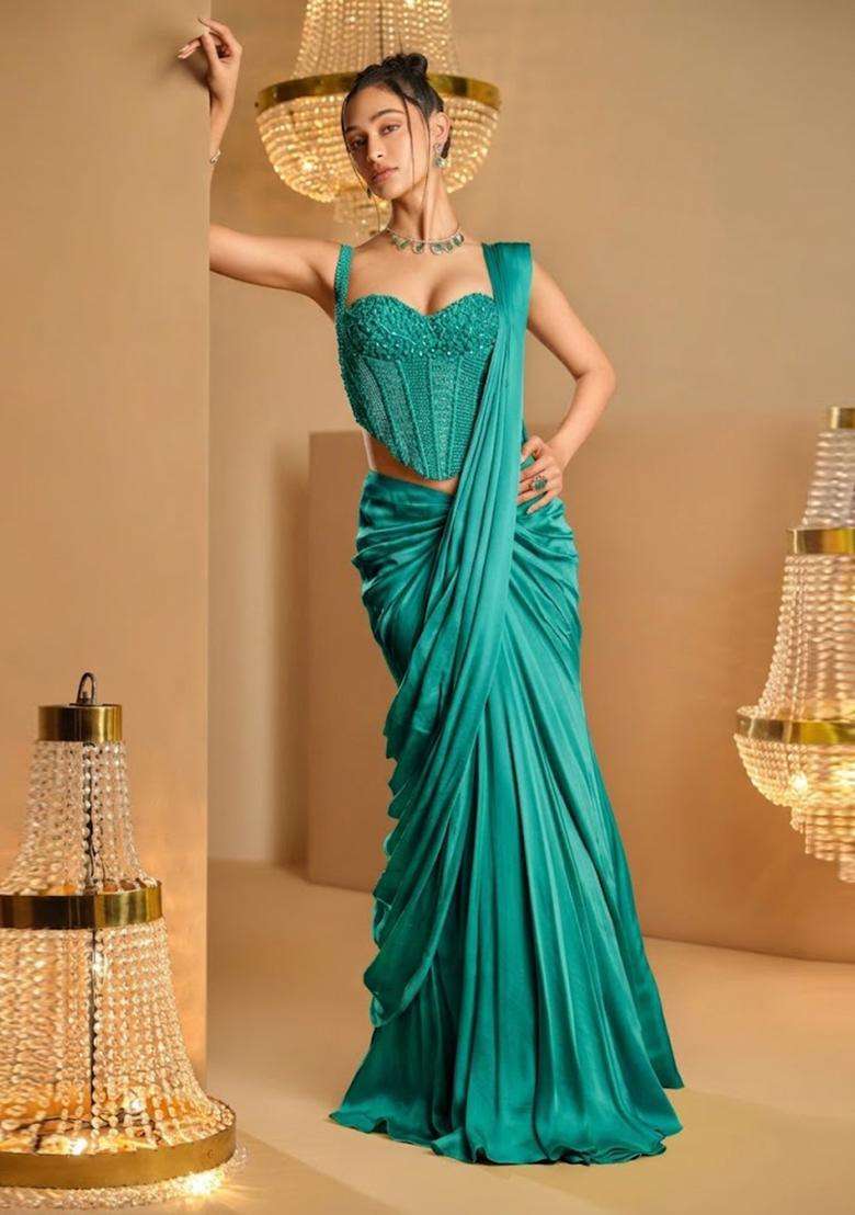 Teal Blue Hand Work Satin Pre Draped Saree Set - Indya