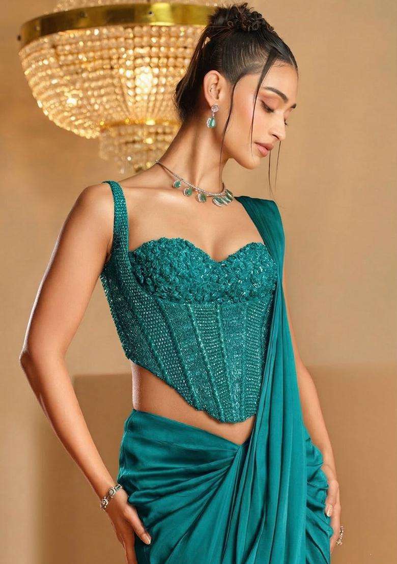 Teal Blue Hand Work Satin Pre Draped Saree Set - Indya
