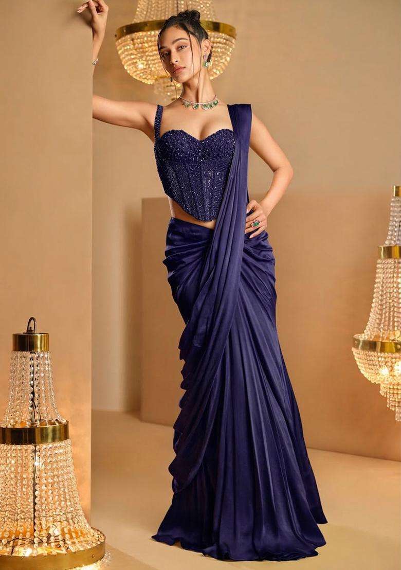 Deep Blue Hand Work Satin Pre Draped Saree Set - Indya
