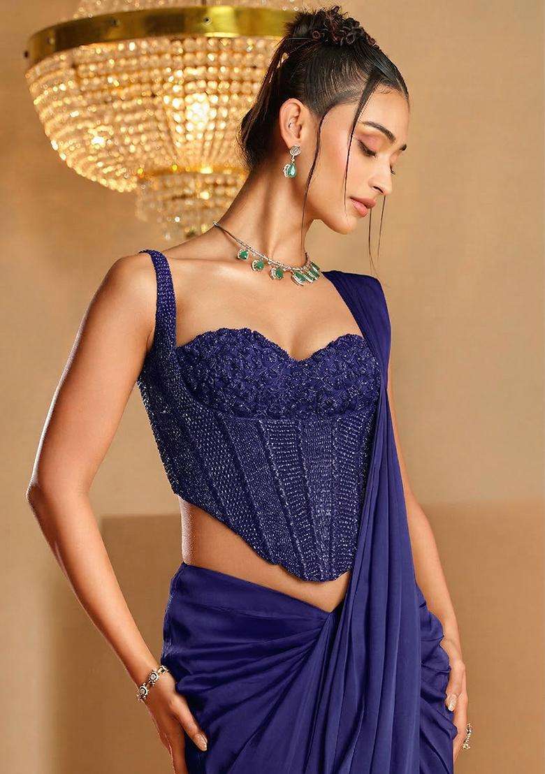 Deep Blue Hand Work Satin Pre Draped Saree Set - Indya