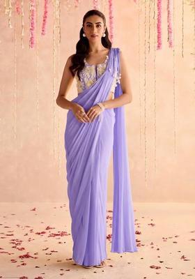 Lilac Hand Work Georgette Pre Draped Saree Set