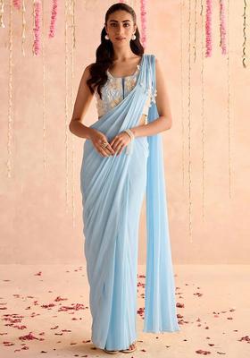Light Blue Hand Work Georgette Pre Draped Saree Set