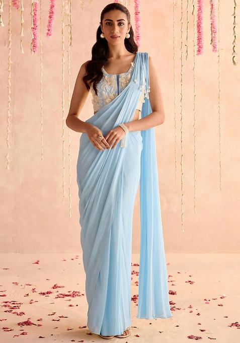 Light Blue Hand Work Georgette Pre Draped Saree Set