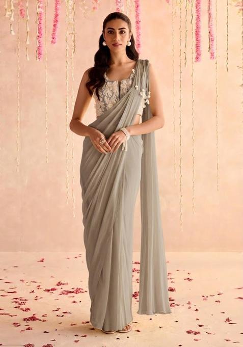 Grey Hand Work Georgette Pre Draped Saree Set