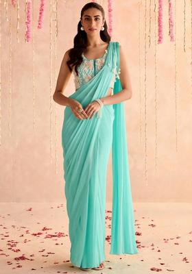 Turquoise Blue Hand Work Georgette Pre Draped Saree Set