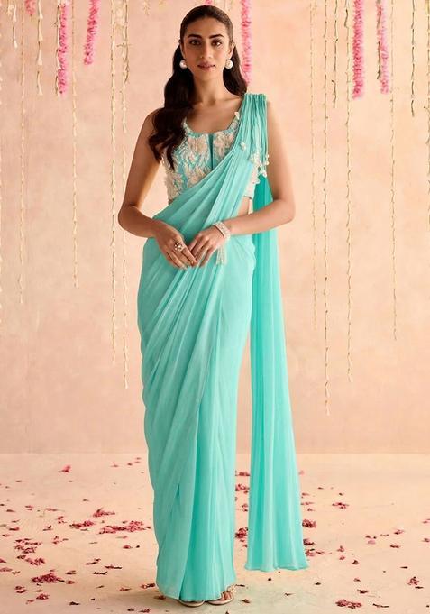 Turquoise Blue Hand Work Georgette Pre Draped Saree Set
