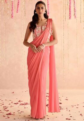 Peach Hand Work Georgette Pre Draped Saree Set