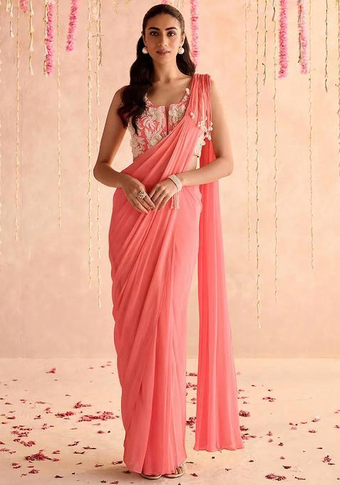 Peach Hand Work Georgette Pre Draped Saree Set