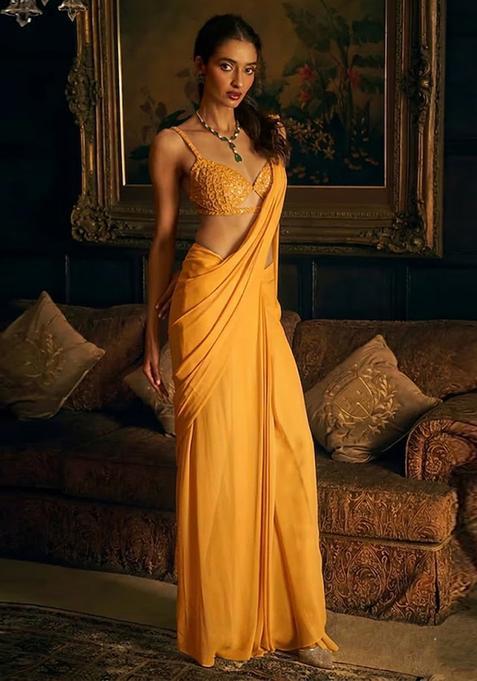 Mustard Yellow Hand Work Crepe Pre Draped Saree Set