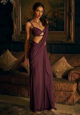 Dark Brown Hand Work Crepe Pre Draped Saree Set