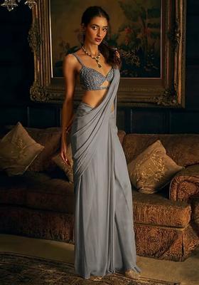 Grey Hand Work Crepe Pre Draped Saree Set