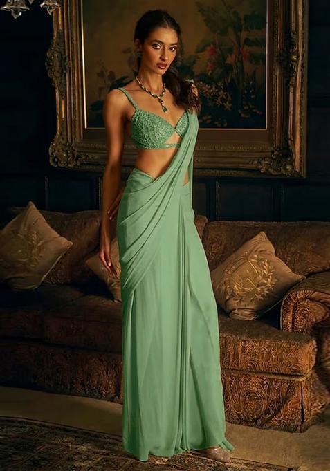 Pastel Green Hand Work Crepe Pre Draped Saree Set