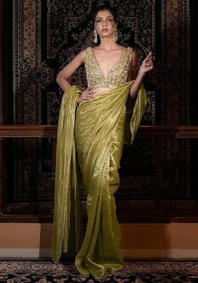 Gold Hand Work Silk Pre Draped Saree Set
