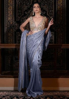 Pastel Blue Hand Work Silk Blend Pre Draped Saree Set
