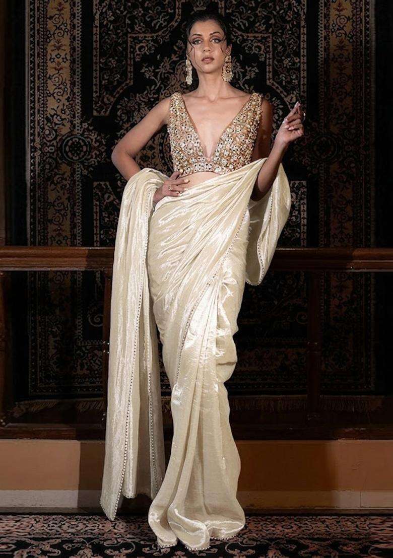 Ivory Hand Work Silk Blend Pre Draped Saree Set - Indya