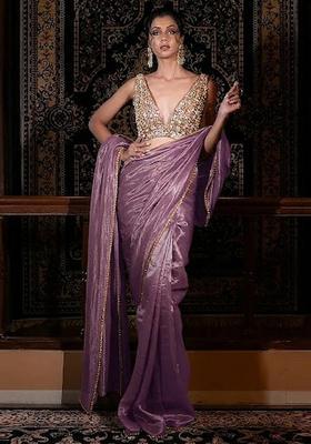 Purple Hand Work Silk Pre Draped Saree Set