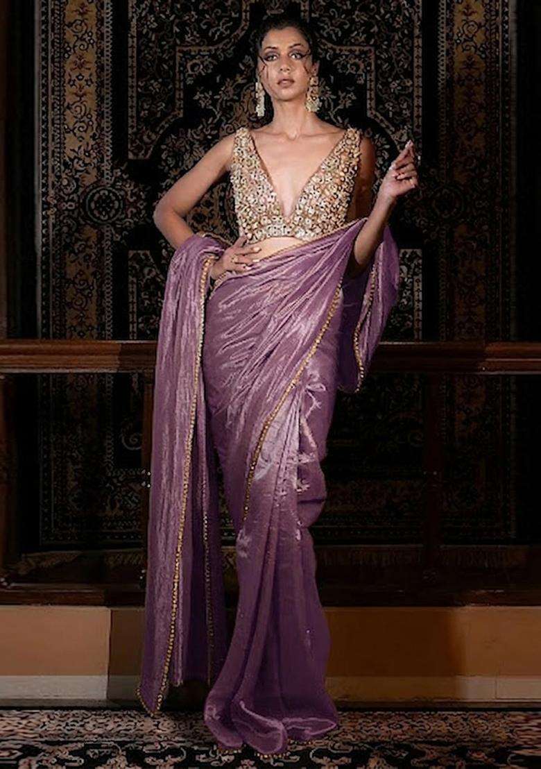 Purple Hand Work Silk Blend Pre Draped Saree Set - Indya