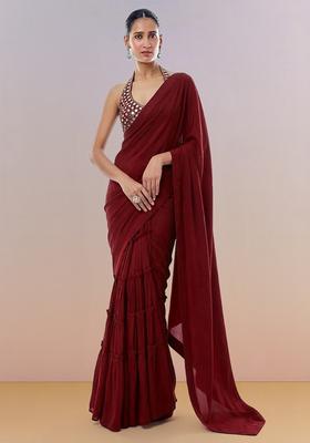Wine Red Hand Work Georgette Pre Draped Saree Set