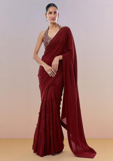 Wine Red Hand Work Georgette Pre Draped Saree Set
