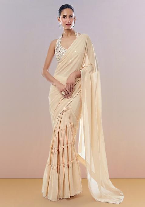 Cream Hand Work Georgette Pre Draped Saree Set