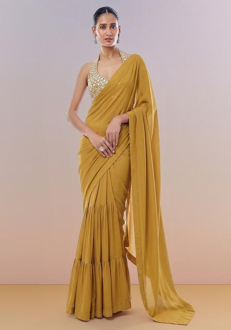 Mustard Hand Work Georgette Pre Draped Saree Set