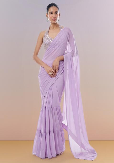 Lilac Hand Work Georgette Pre Draped Saree Set