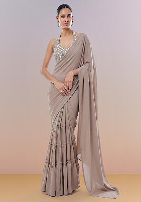 Grey Hand Work Georgette Pre Draped Saree Set