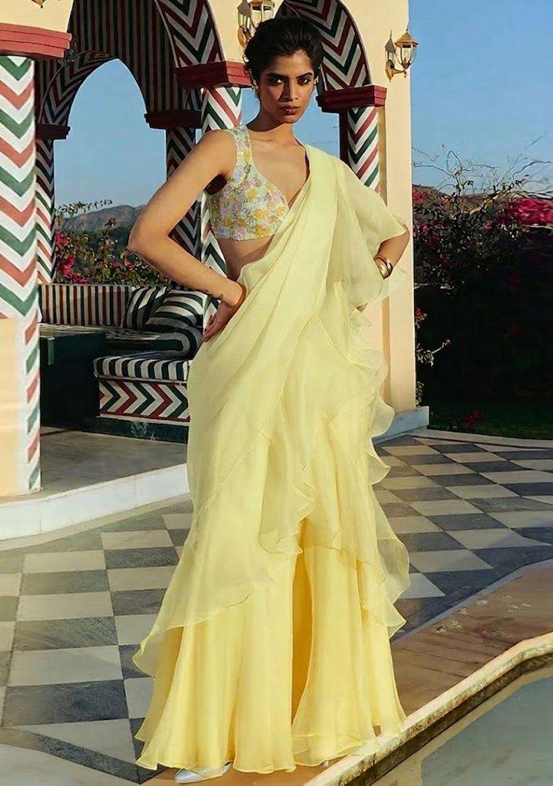 Yellow Hand Work Organza Fusion Set - Indya