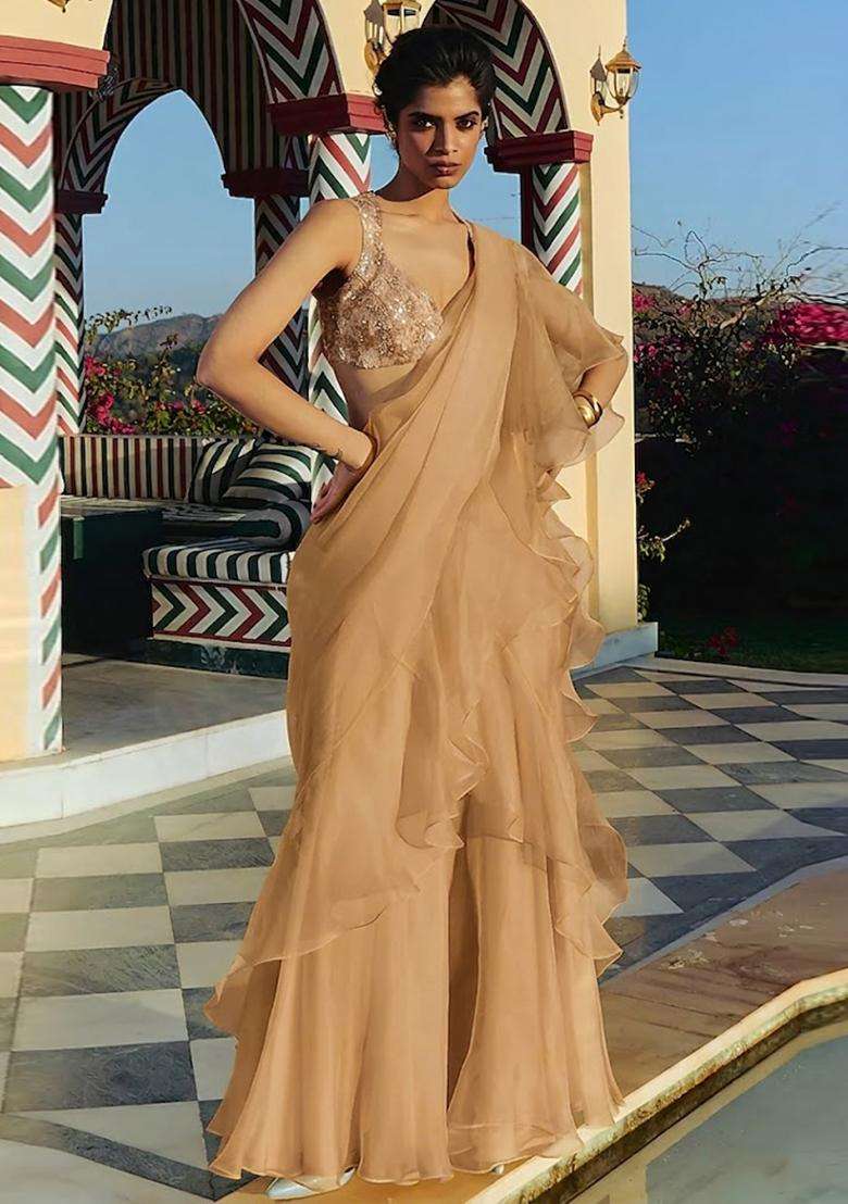 Champagne Gold Hand Work Organza Fusion Set - Indya