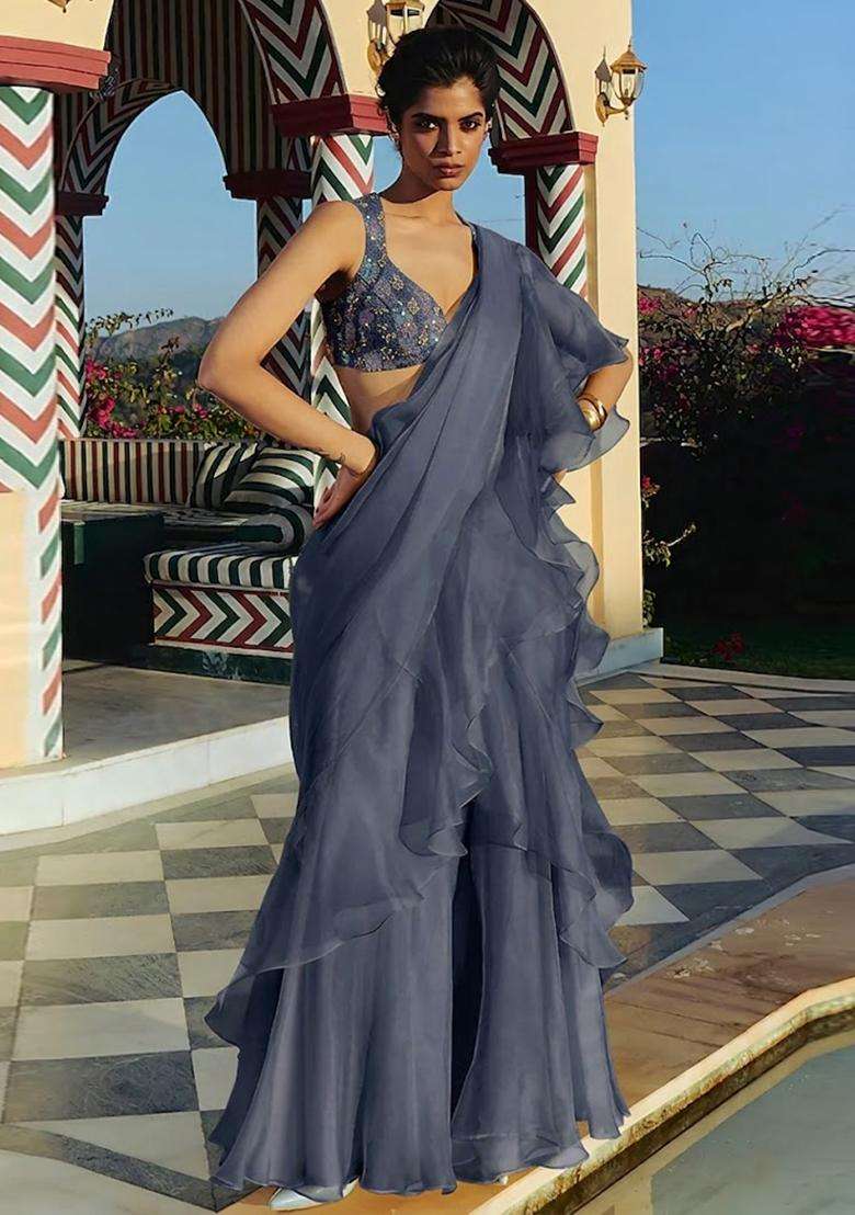 Pastel Blue Hand Work Organza Fusion Set - Indya
