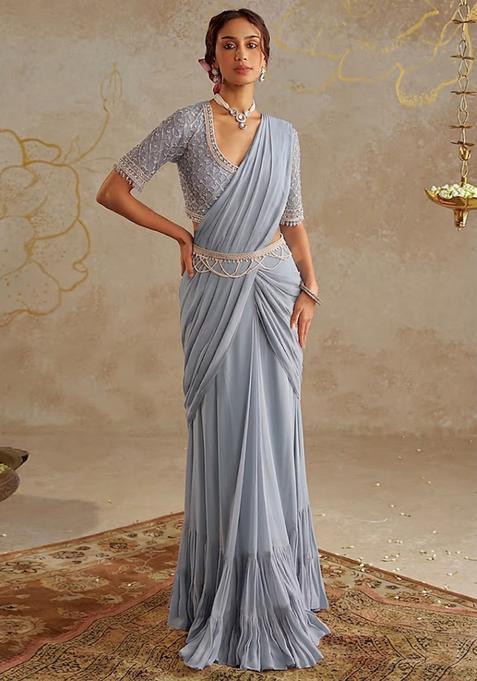Powder Blue Hand Work Georgette Pre Draped Saree Set