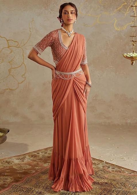 Rust Hand Work Georgette Pre Draped Saree Set