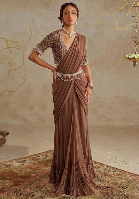 Brown Hand Work Georgette Pre Draped Saree Set