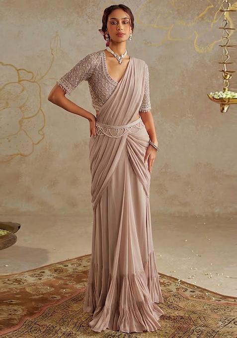 Grey Hand Work Georgette Pre Draped Saree Set