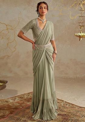 Mist Green Hand Work Georgette Pre Draped Saree Set
